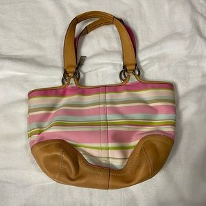 COACH Hampton Soho Multicolor Striped Pink Tote Handbag Leather Canvas 1889.